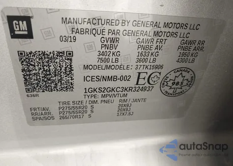 2019 GMC Yukon Xl Slt z USA, uszkodzony, nr VIN 1GKS2GKC3KR324937